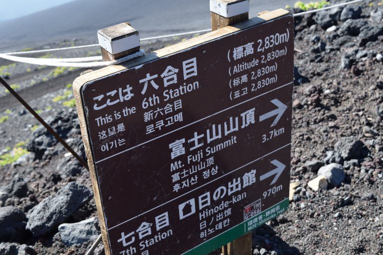 富士山山頂へと誘導する標識